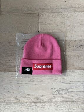 Supreme Pink Beanie with Red Supreme Patch